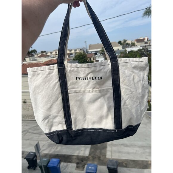 Pottery Barn canvas preppy white blue zippered tote bag logo embroidered preppy - Picture 1 of 13
